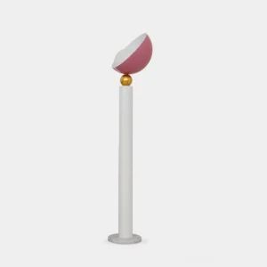 Lulu modern half-sphere floor lamp with white pole and rose red shade, gold connector, studio product shot