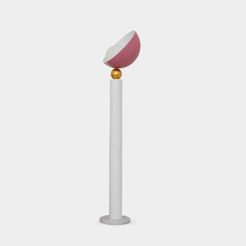Lulu modern half-sphere floor lamp with white pole and rose red shade, gold connector, studio product shot