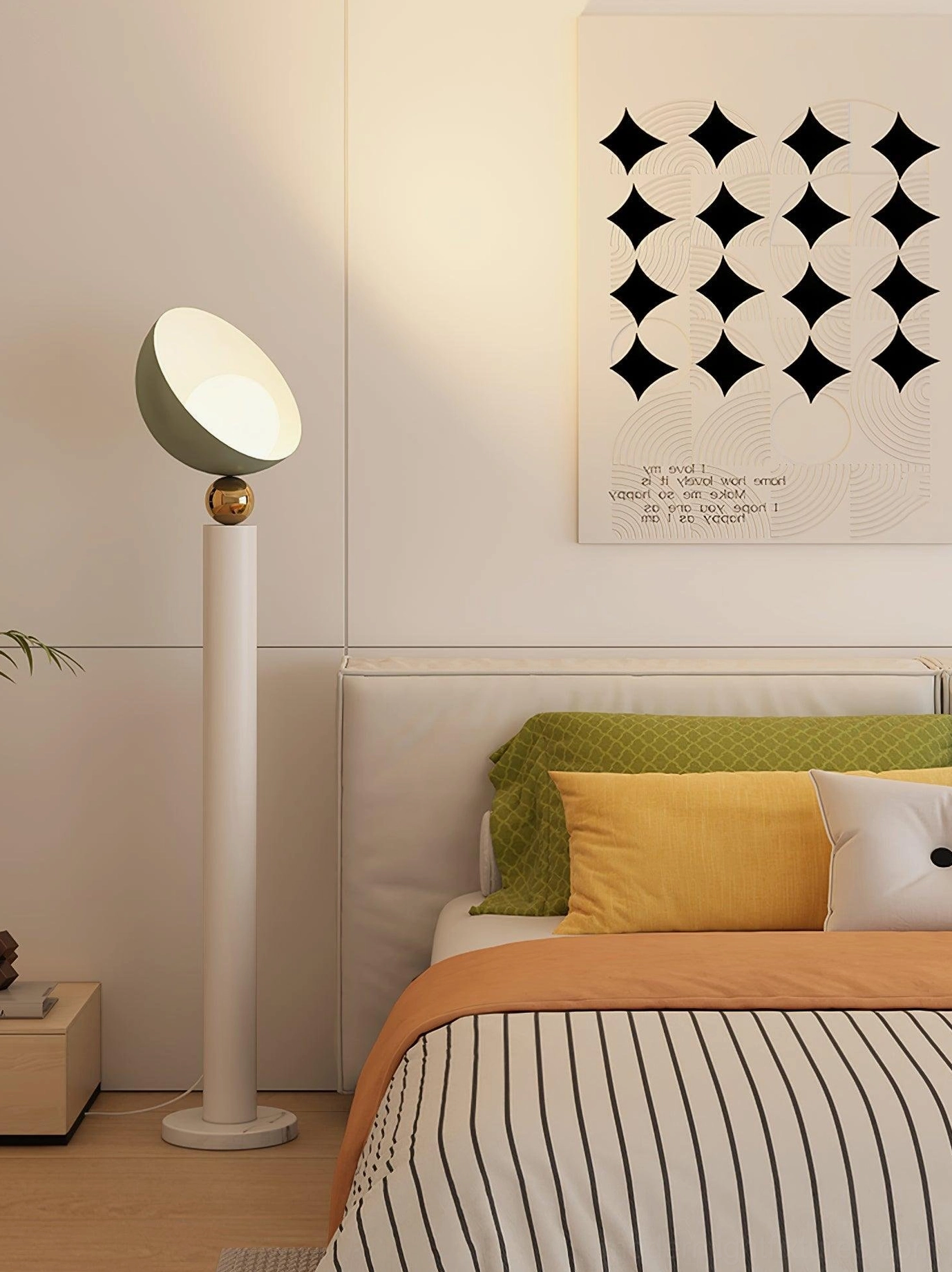 Lulu modern floor lamp in contemporary master bedroom with soft green shade and geometric wall decoration accent