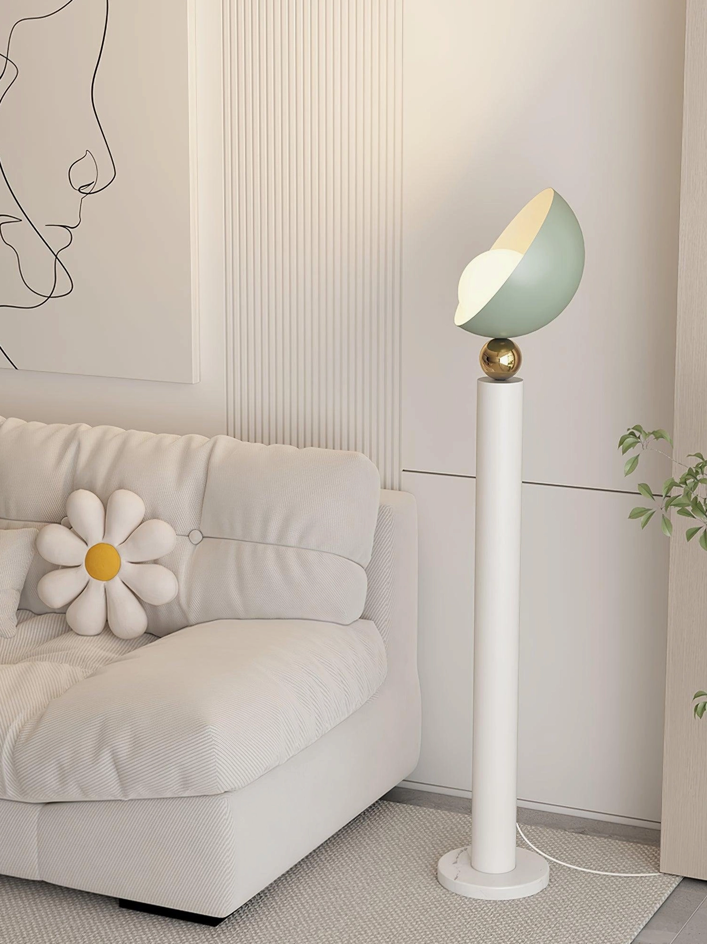 Mint green half-sphere lamp right side view sofa living room with decorative throw pillow, Scandinavian style