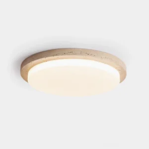 Lumara modern travertine ceiling light fixture overhead view showing round opal diffuser with natural stone frame