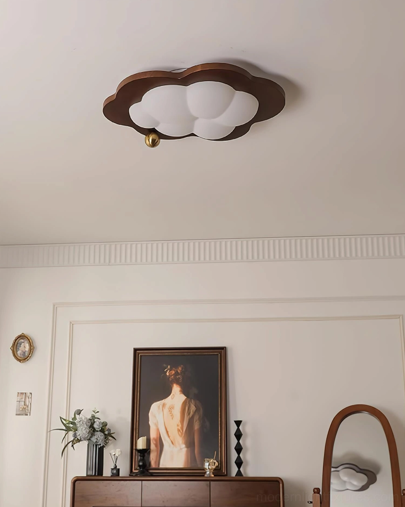 White cloud-shaped ceiling light fixture in French vintage interior design space