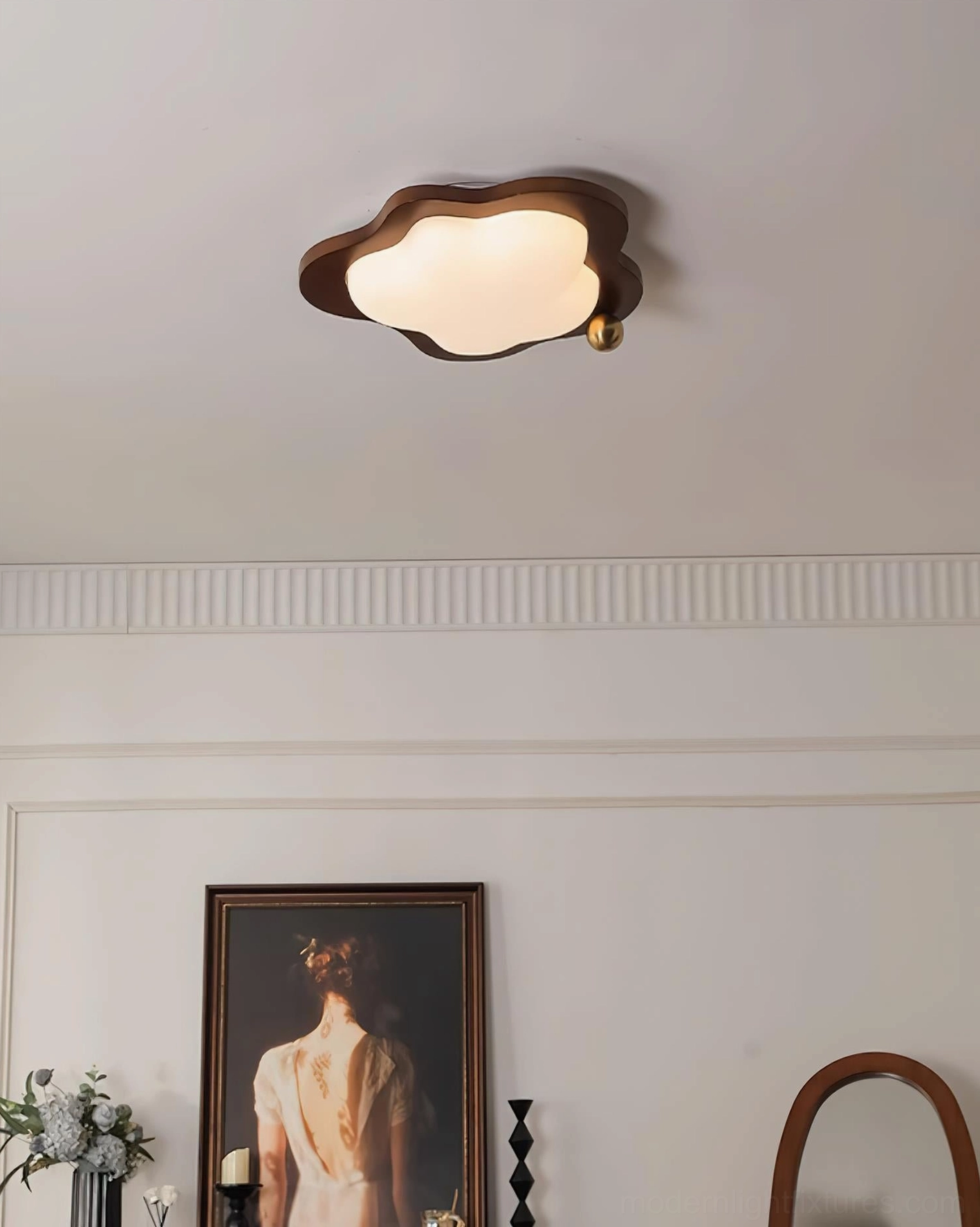Small cloud ceiling light in contemporary living room with crown molding and vintage French decor