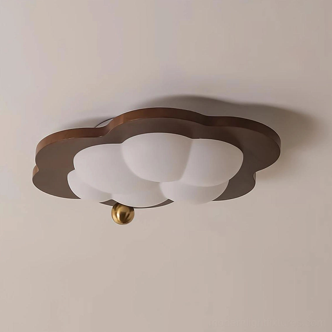 Lumi walnut cloud ceiling light fixture detail showing wood frame and metal accents