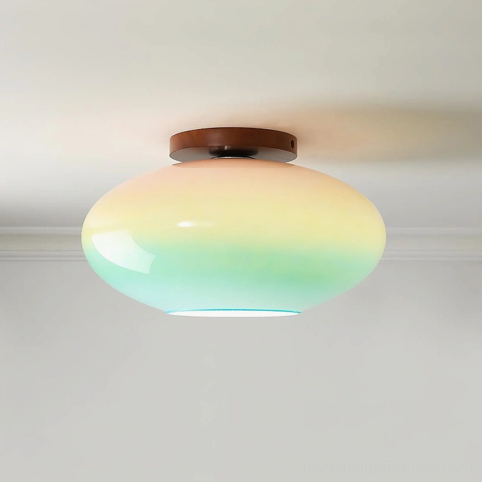 Lumia gradient ceiling light studio view with yellow to cyan ombre glass shade and modern minimalist design without visible wooden base