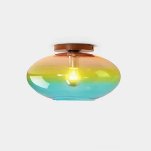 Lumia ombré ceiling light front view with gradient glass shade transitioning from pink to amber to turquoise and walnut wood canopy on white background