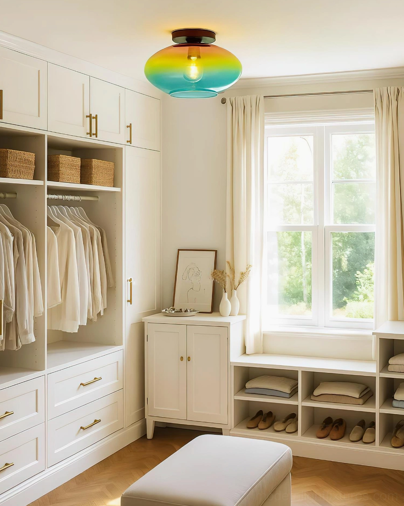 Lumia gradient glass ceiling light in contemporary walk-in closet dressing room with natural window lighting and white cabinetry