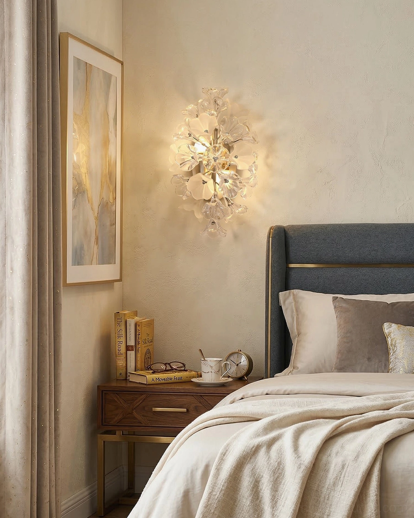 Single Lumiflora glass petal wall lamp mounted above bedroom nightstand creating warm ambient lighting