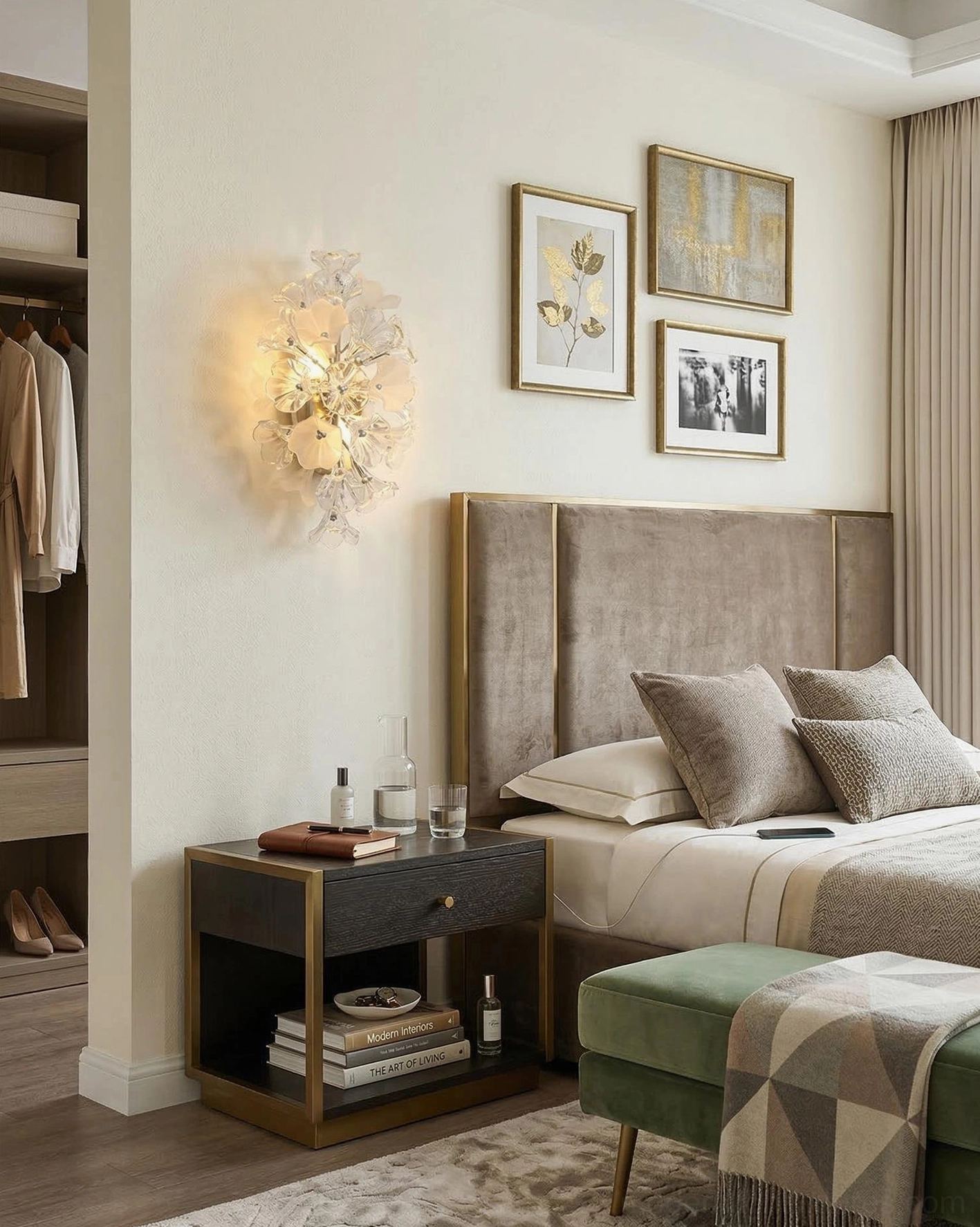 Lumiflora sculptural wall sconce in bedroom with gallery wall frames and modern bedding