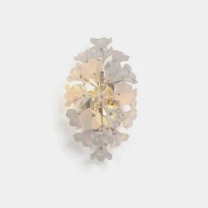 Lumiflora crystal glass wall sconce with frosted petals and polished metal frame on white studio background