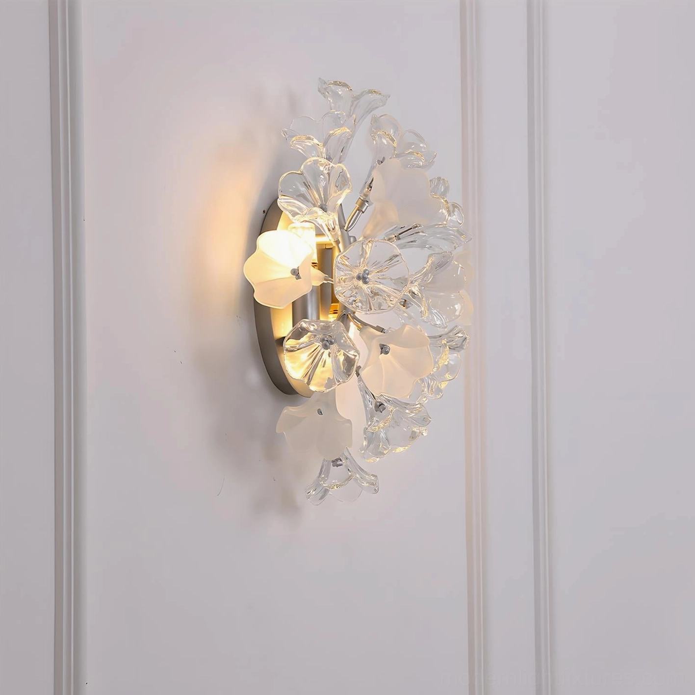 Lumiflora wall sconce side profile with illuminated bulbs and reflective glass petal architecture