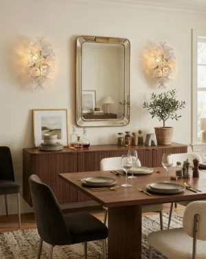 Paired Lumiflora glass flower wall sconces in mid-century modern luxury dining room with wooden furniture