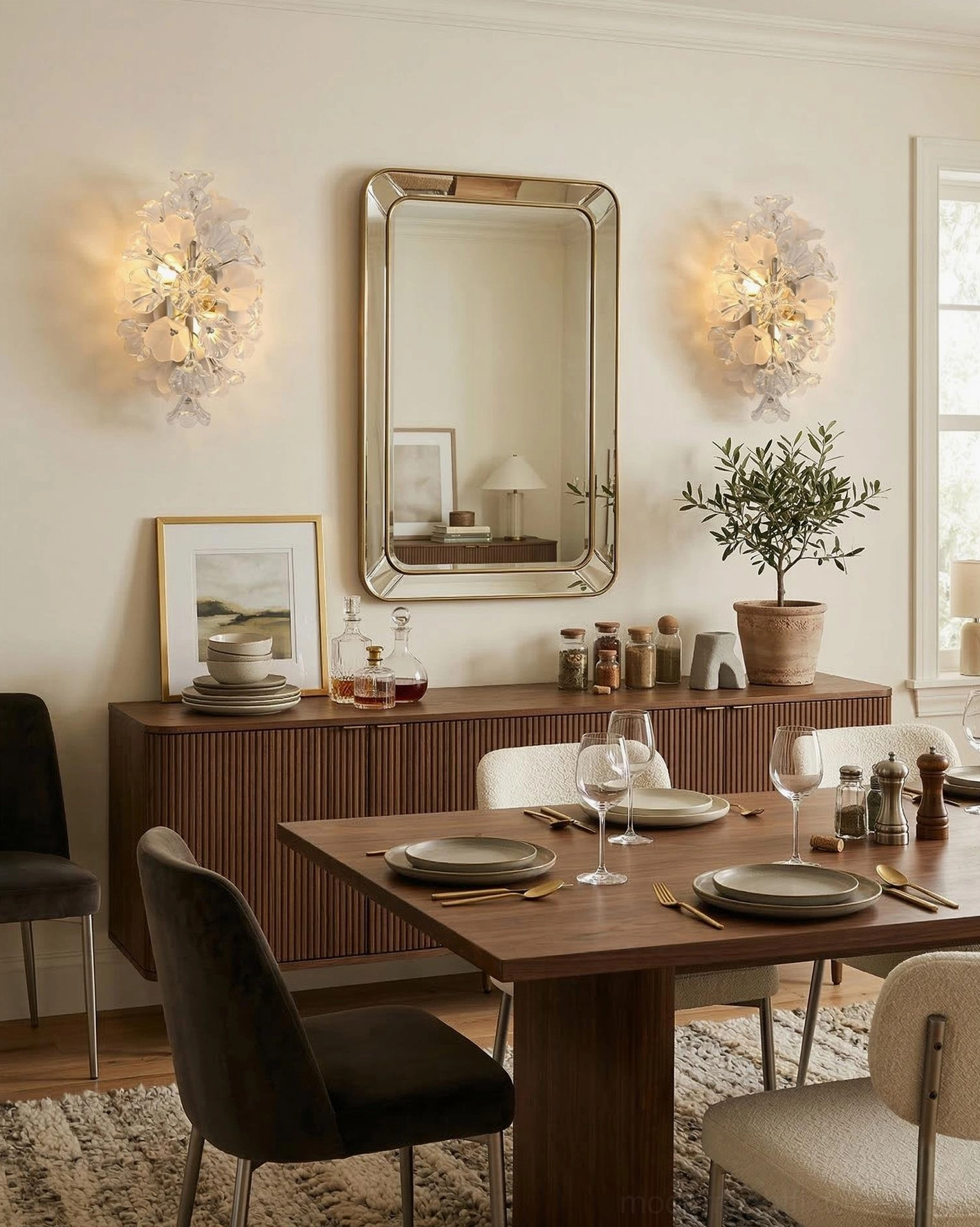Paired Lumiflora glass flower wall sconces in mid-century modern luxury dining room with wooden furniture