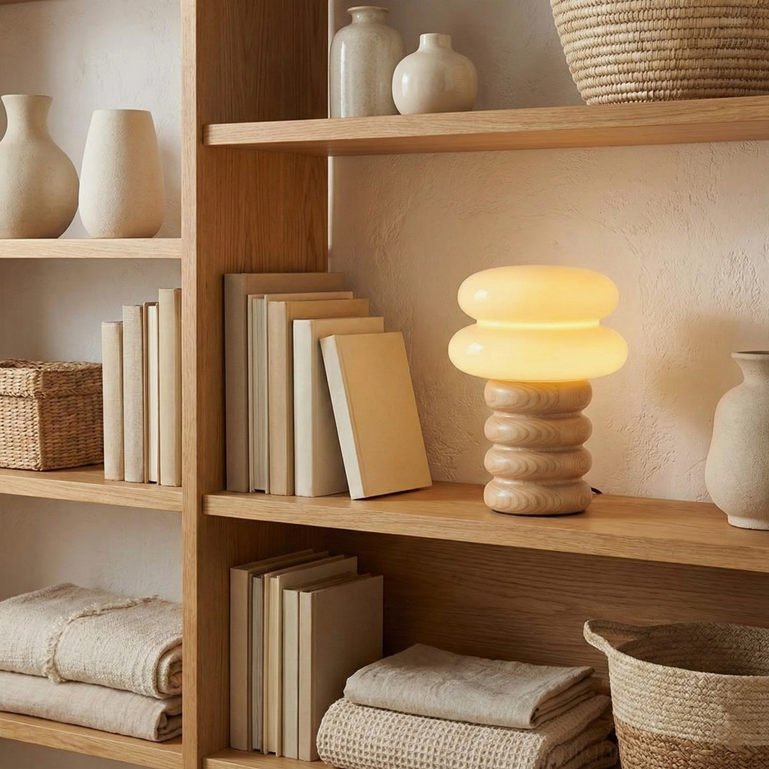 Contemporary wooden table lamp displaying warm glow and natural ash grain on open bookshelf