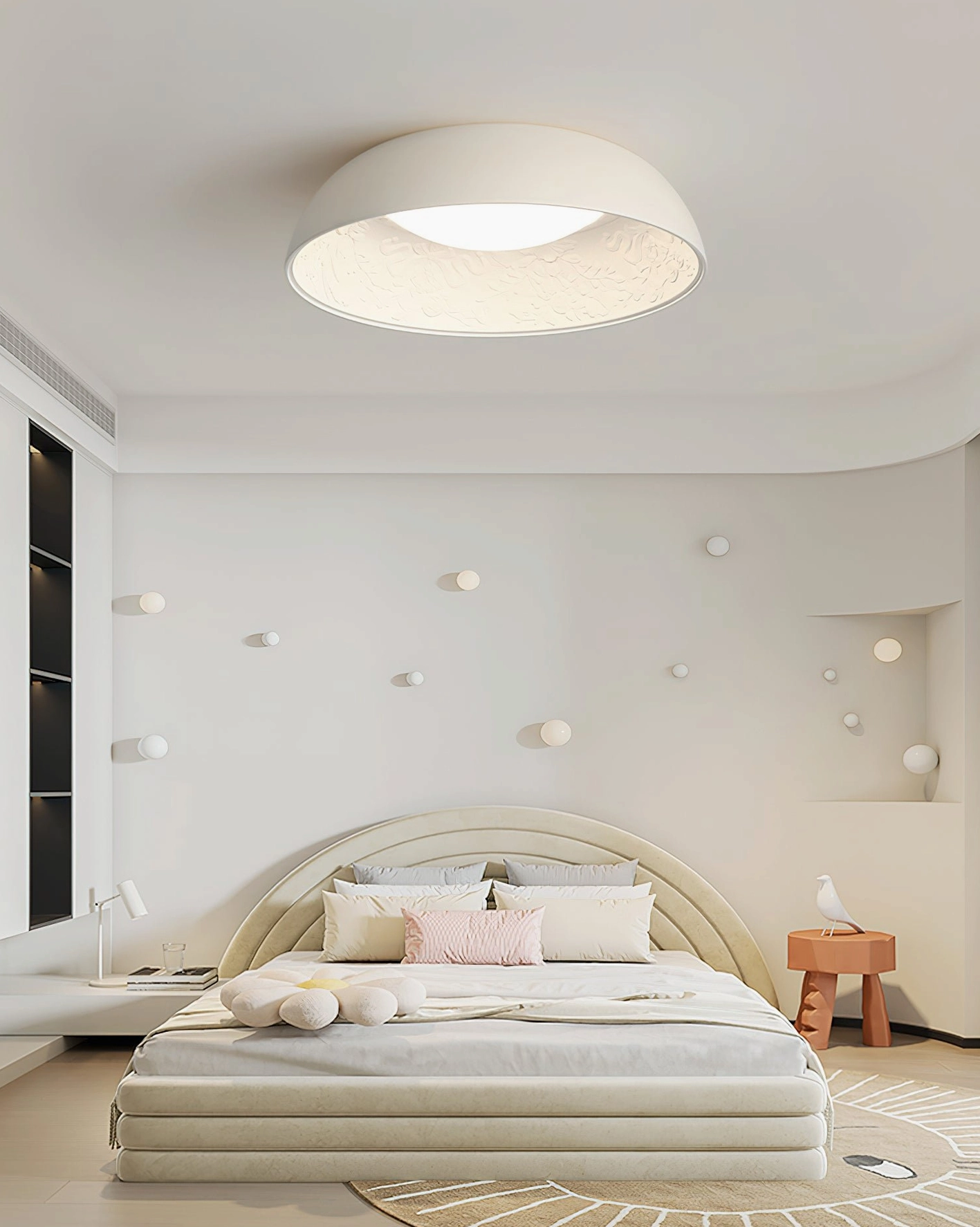 Lumina modern ceiling light installed in contemporary bedroom with luxury decor and neutral tones