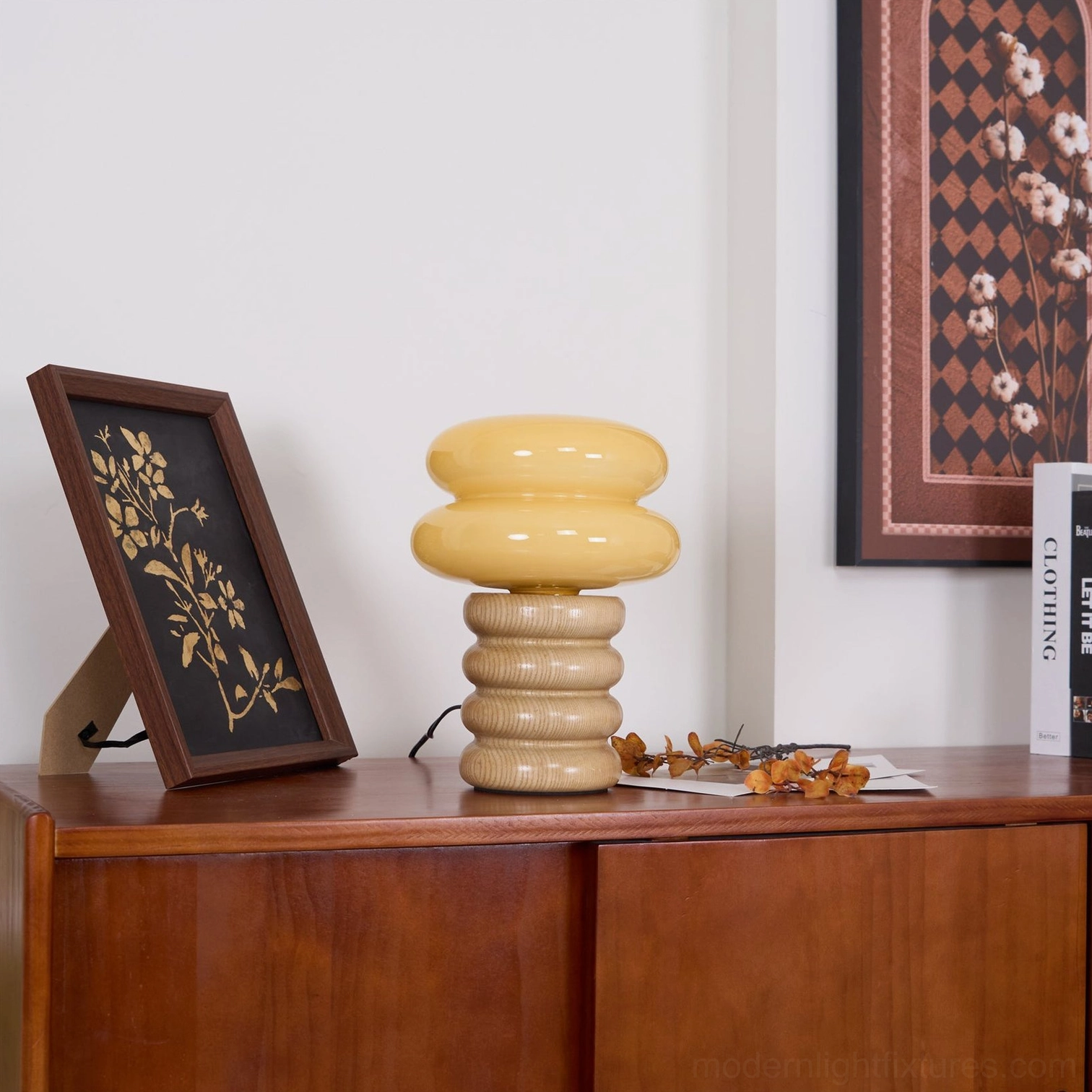 Modern stacked wood table lamp creating cozy home accent lighting atmosphere
