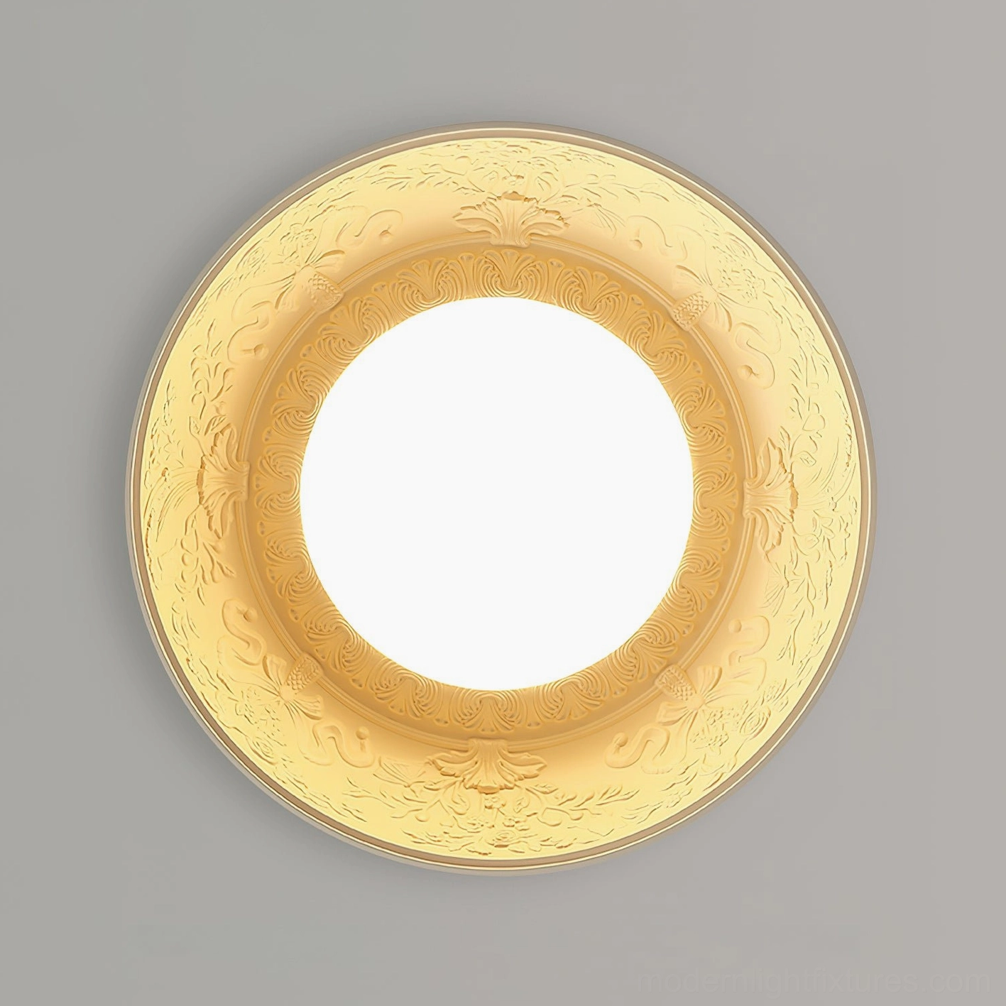 Top-down close-up of Lumina ceiling light showing full circular embossed floral pattern with integrated LED glow