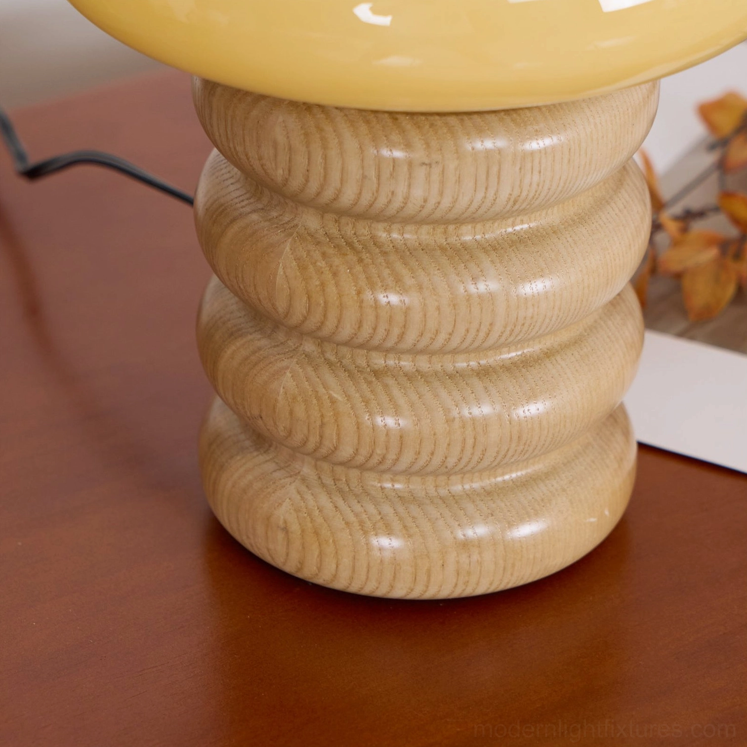 Lumina table lamp detail view layered wooden construction and frosted shade quality