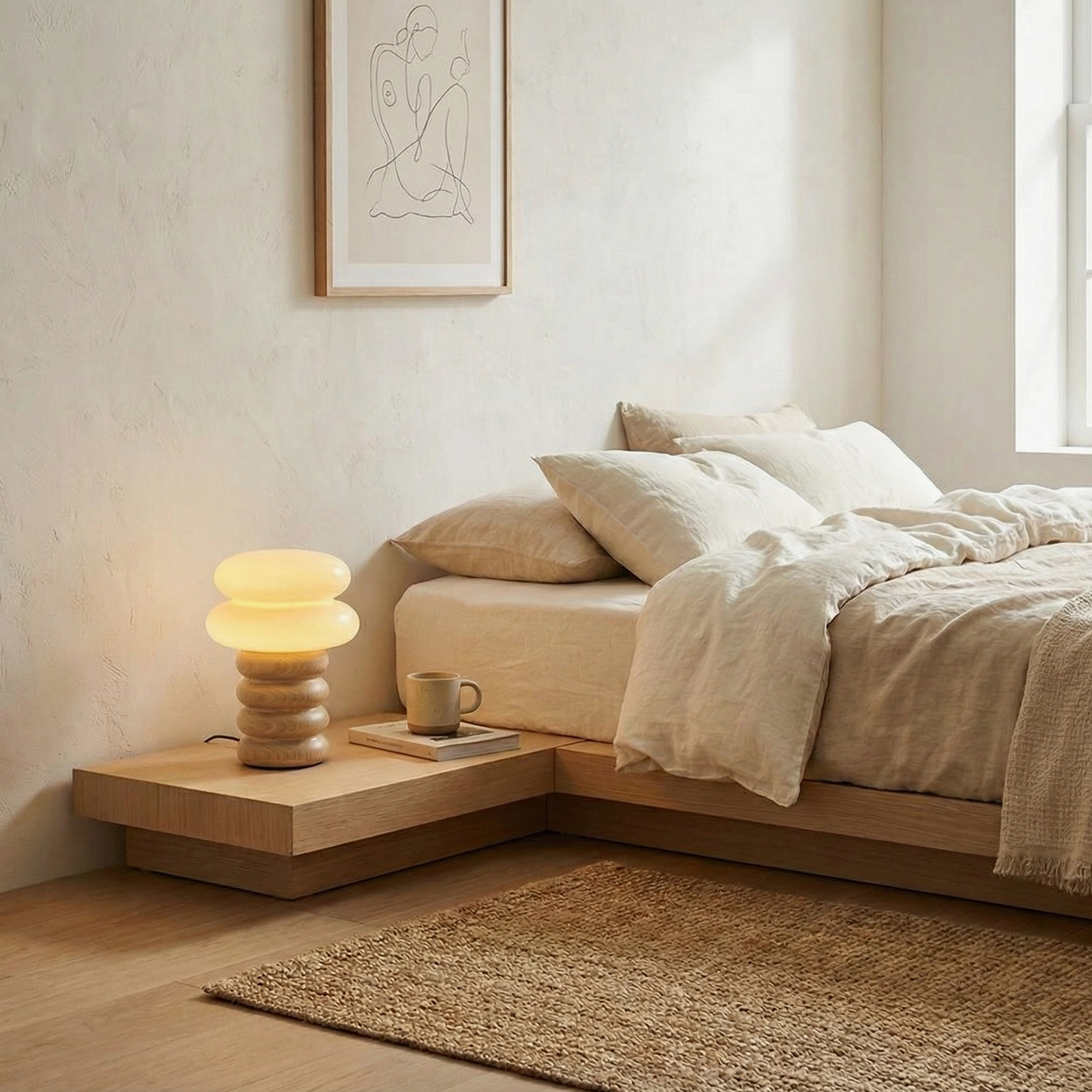 Minimalist bedside table lamp in bedroom creating soft warm ambient light for relaxation