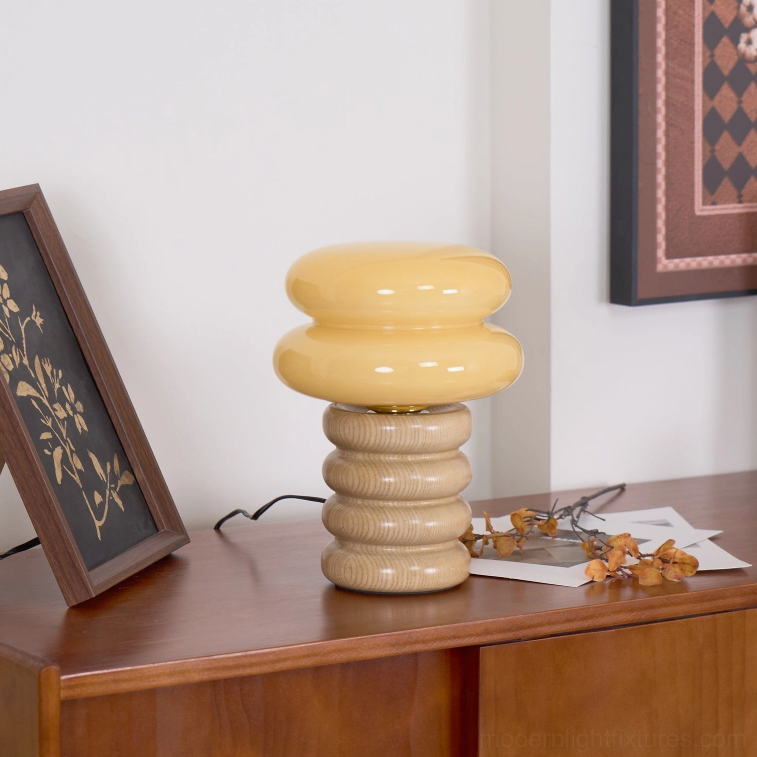 Modern stacked ash wood table lamp warm neutral interior design accent piece