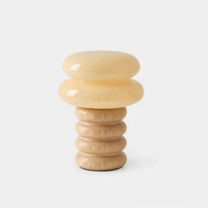 Lumina ash wood stacked table lamp front view with milky glass shade on white background