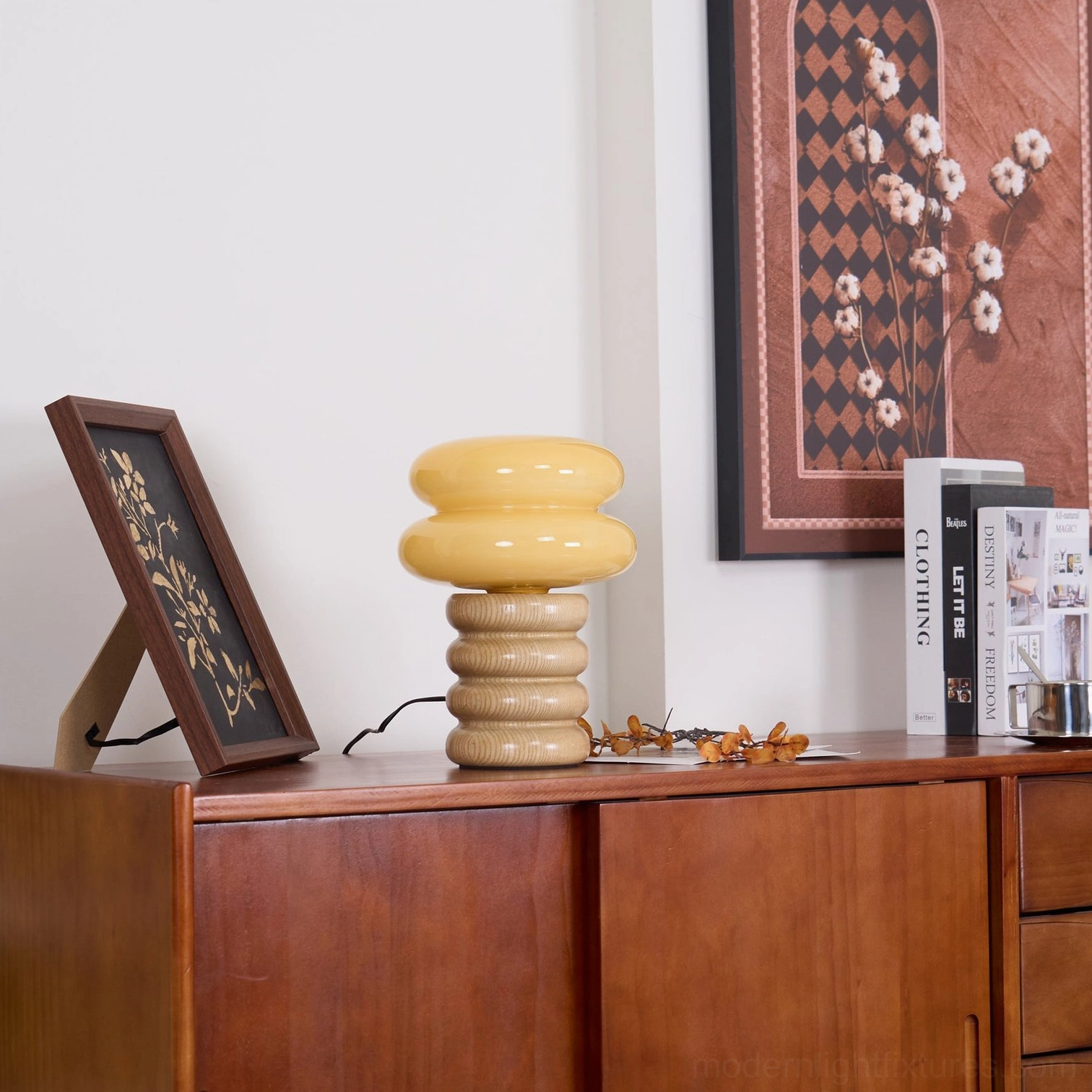 Modern table lamp stacked wood rings creating sculptural lighting fixture design