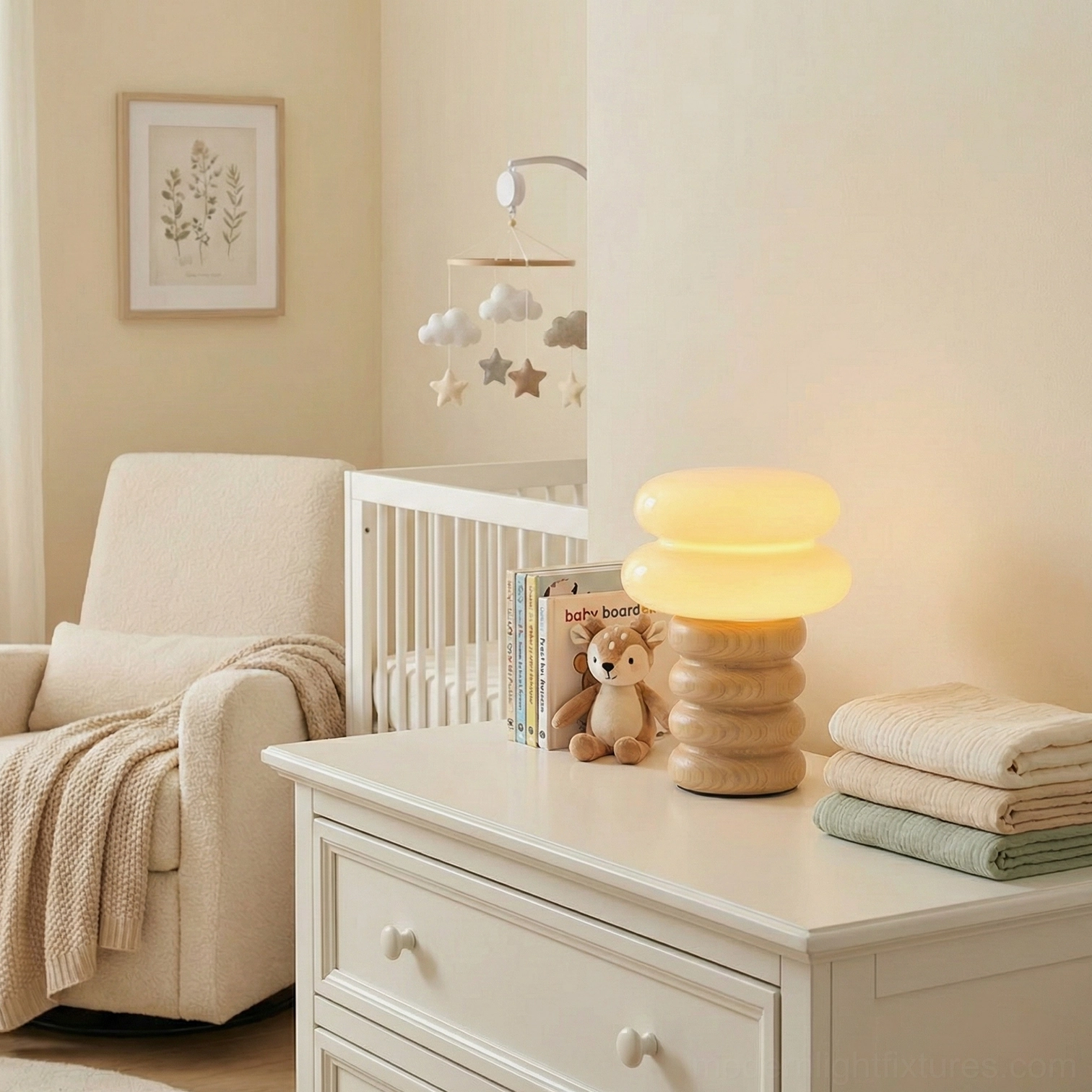 Modern table lamp stacked wood design with frosted glass shade product showcase