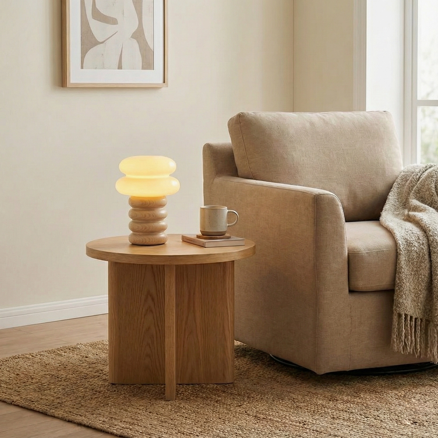 Contemporary ash wood table lamp base showing layered ring construction and craftsmanship