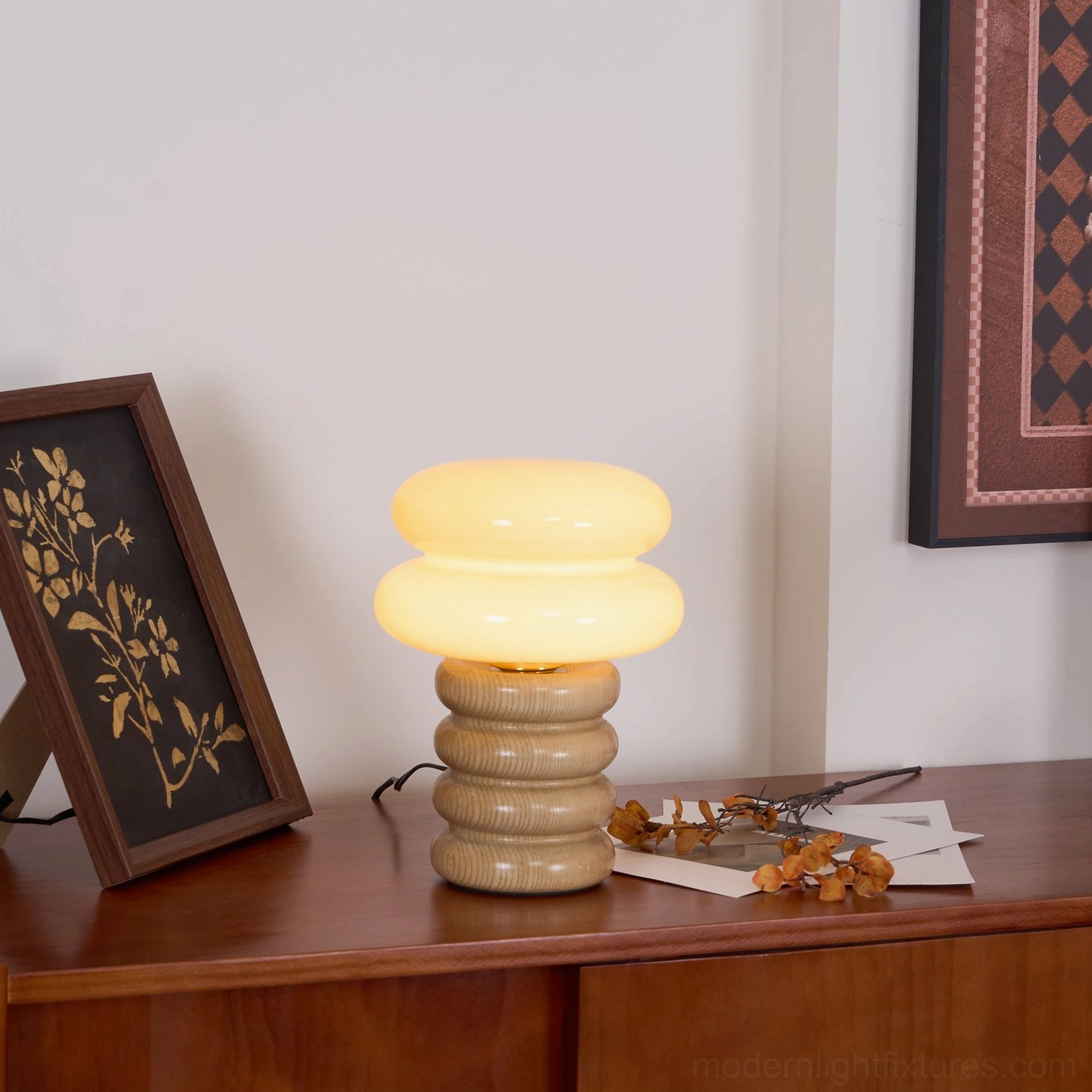 Lumina wooden table lamp illuminated soft glow natural ash wood material