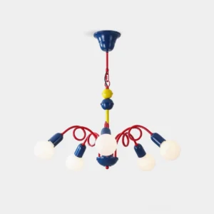 Luminosa 6-light modern chandelier with red curved arms and blue-yellow color-block base in studio overhead view