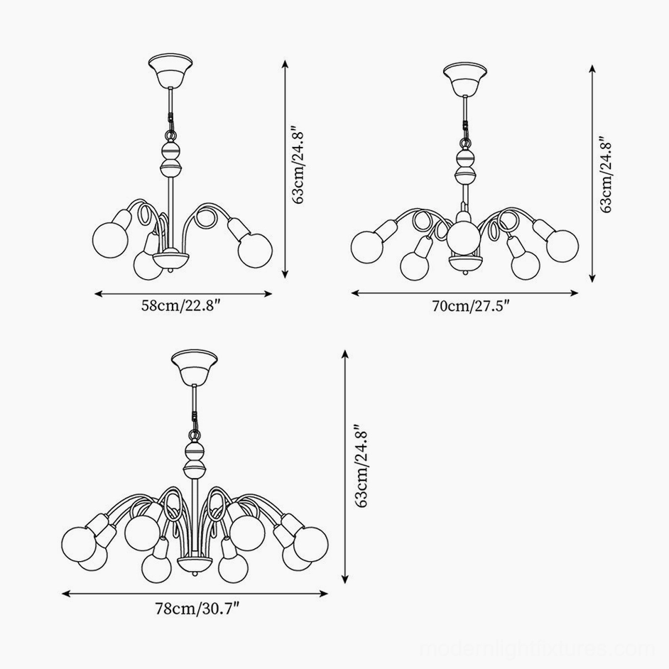 Luminosa chandelier size comparison technical drawings showing 3-head 5-head 8-head dimensions