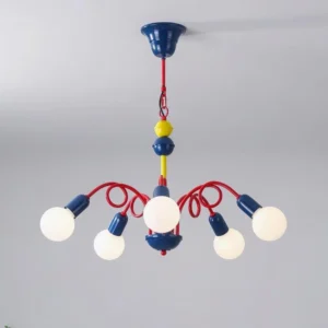 Luminosa multicolor chandelier front view with curved red arms and vibrant color scheme on gray background