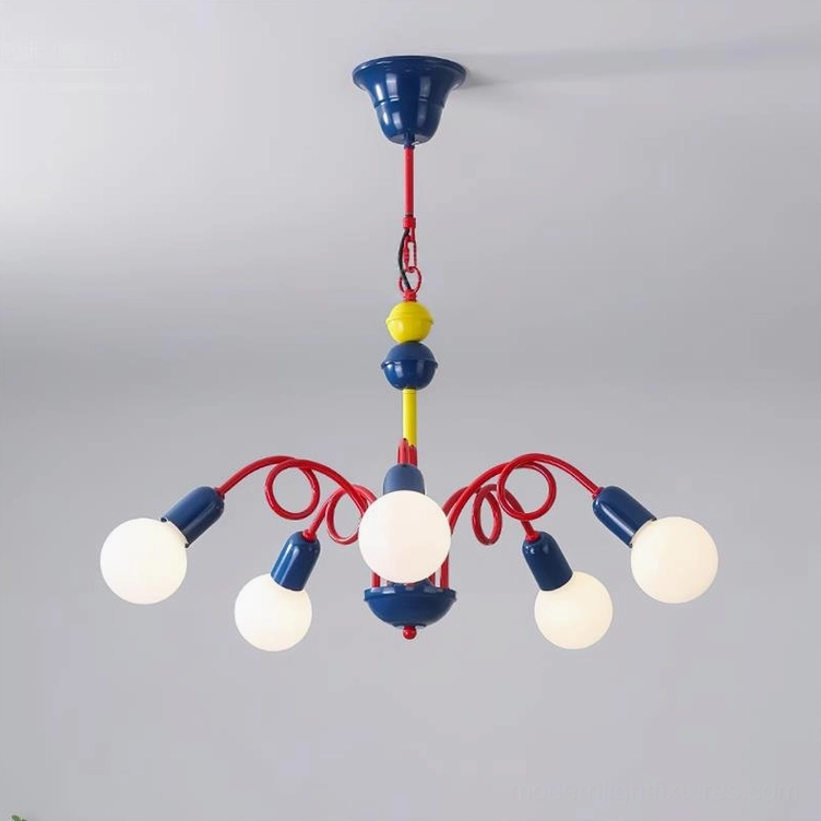 Luminosa multicolor chandelier front view with curved red arms and vibrant color scheme on gray background