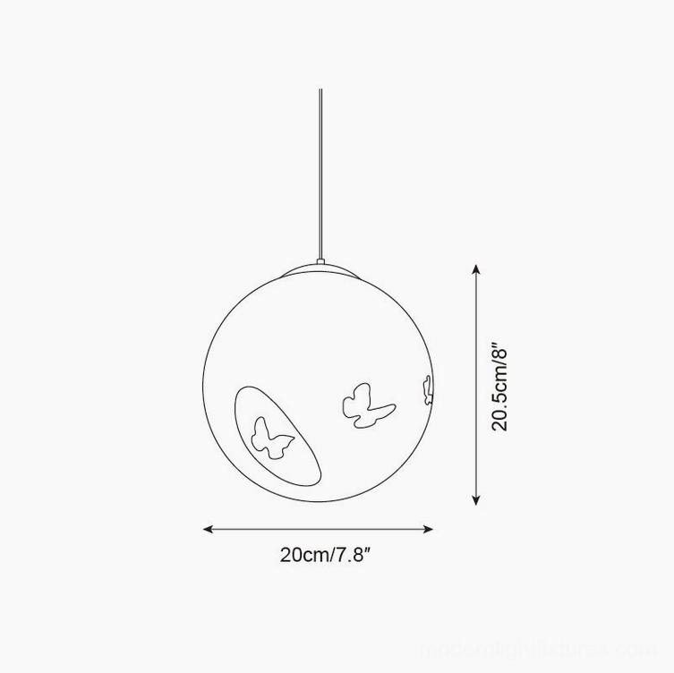 Luna Flutter butterfly pendant lamp technical schematic, 20cm diameter size specification with dimensions