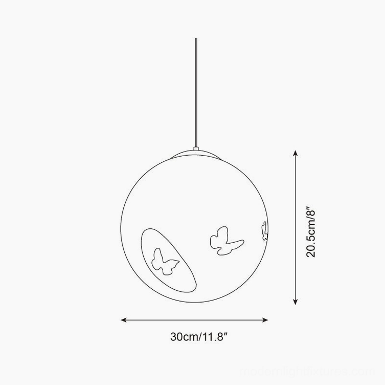 Luna Flutter butterfly pendant lamp technical drawing, 30cm diameter size with butterfly motif details