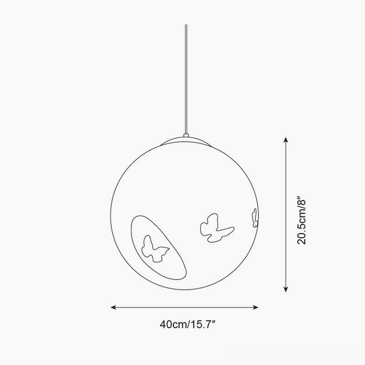 Luna Flutter butterfly pendant lamp technical specification, 40cm diameter size with butterfly silhouette
