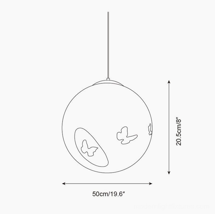 Luna Flutter butterfly pendant lamp technical schematic, 50cm diameter size with butterfly cutout details