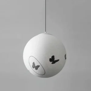 Luna Flutter modern pendant light in black and white color combination, sculptural spherical design with butterfly motifs