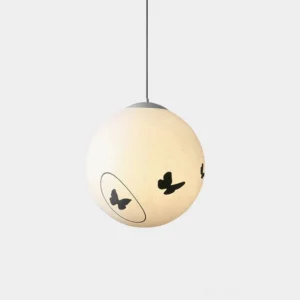 Luna Flutter butterfly pendant lamp with warm beige textured shade and black butterfly silhouettes, front view against white background
