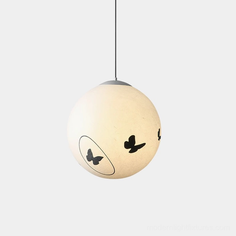 Luna Flutter butterfly pendant lamp with warm beige textured shade and black butterfly silhouettes, front view against white background