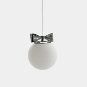 Luna modern pendant light with bow-knot spherical glass shade in white finish, studio front view