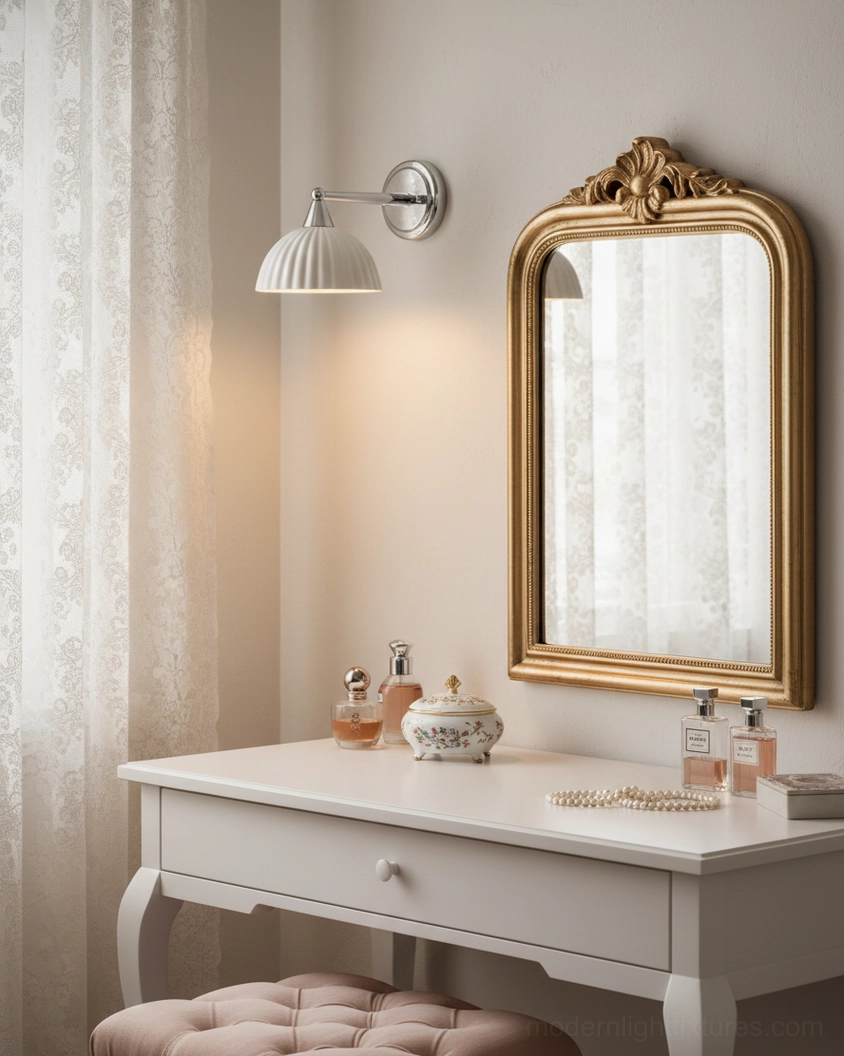 Luna Scallop wall sconce positioned above ornate gold mirror in French-style bathroom vanity area