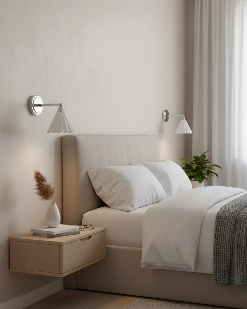 Pair of Luna Scallop ceramic wall sconces as bedside ambient lighting in warm minimalist master bedroom