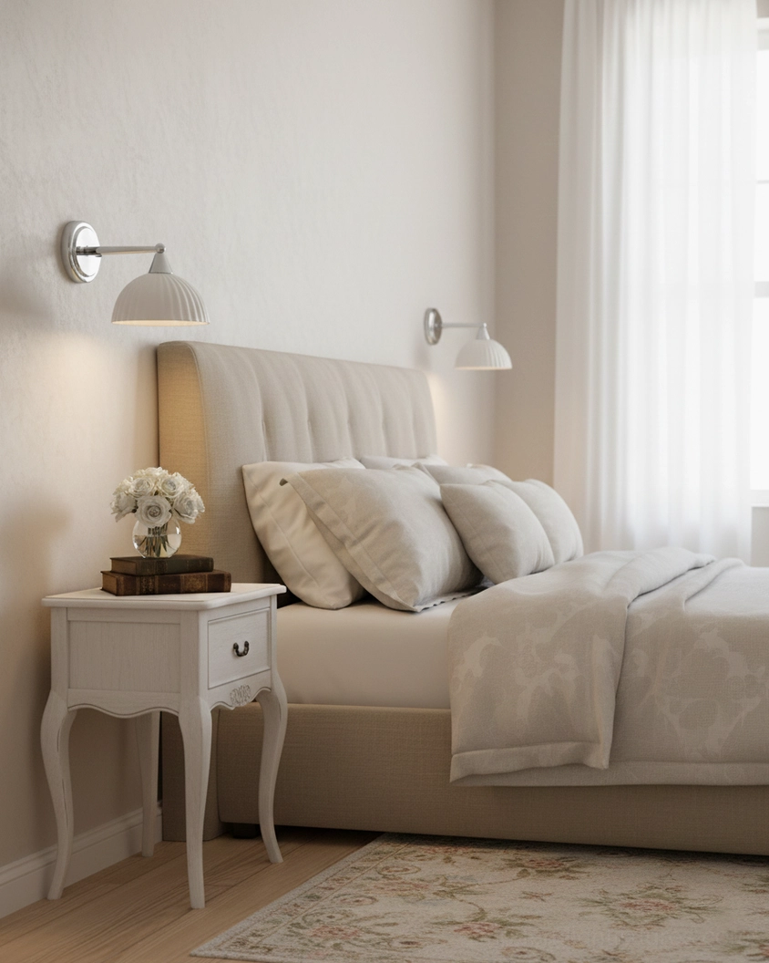 Dual Luna Scallop ceramic wall sconces as bedside lighting in luxury master bedroom with neutral tones