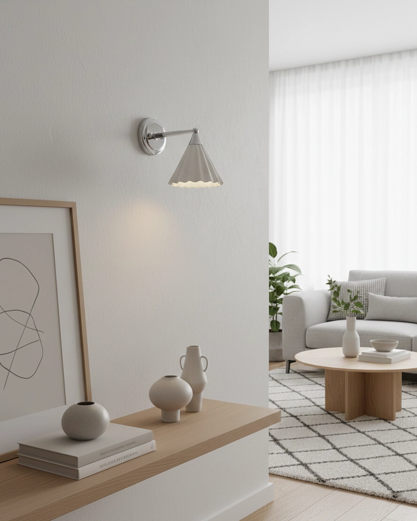 Luna Scallop wall lamp installed in minimalist modern living room corner with neutral wall decor