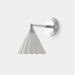 Luna Scallop ceramic wall sconce with polished chrome hardware and pleated white shade, studio front-facing product view