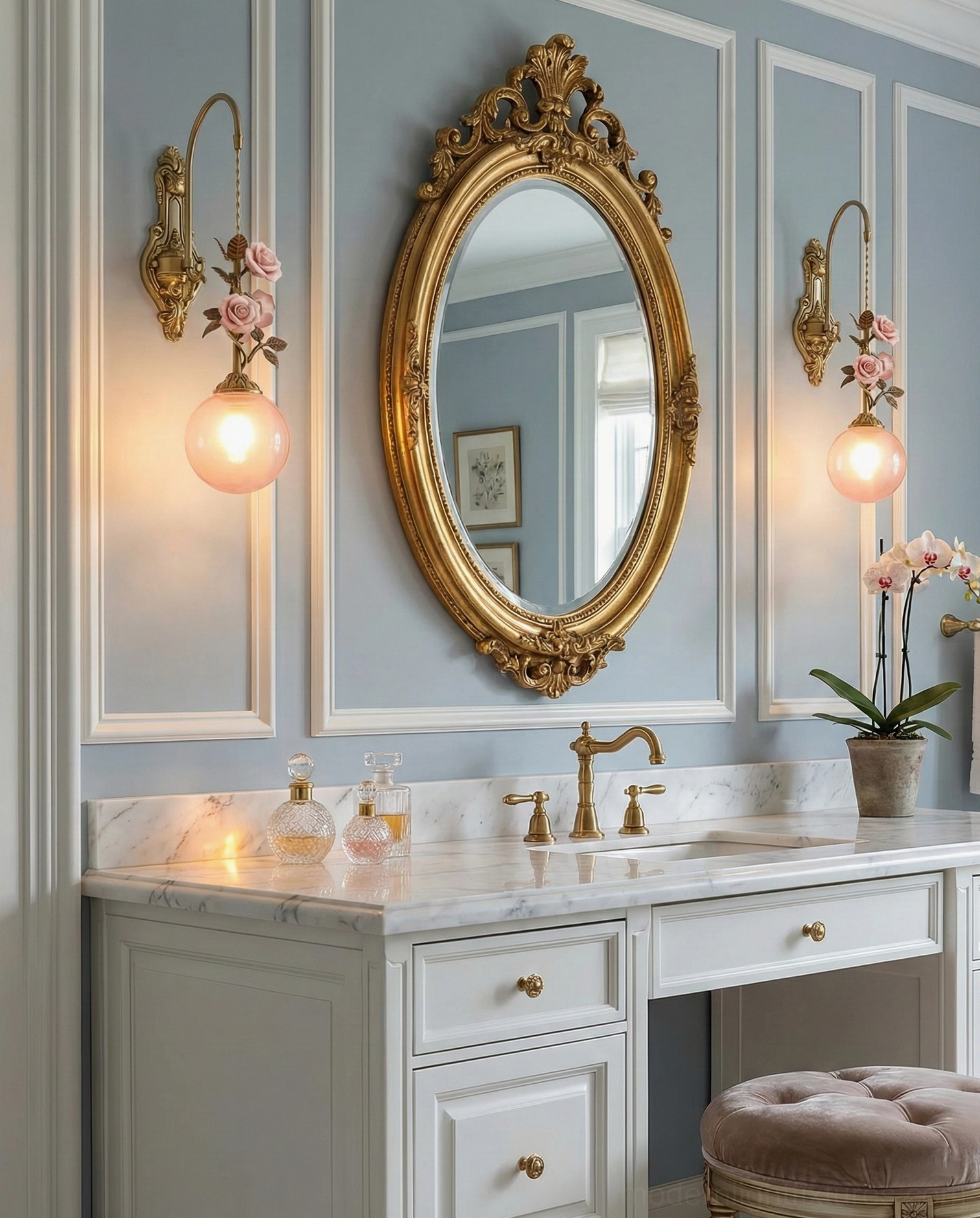 Matching Lunafleur wall sconces flanking oval gilt mirror in French style bathroom vanity blue panels
