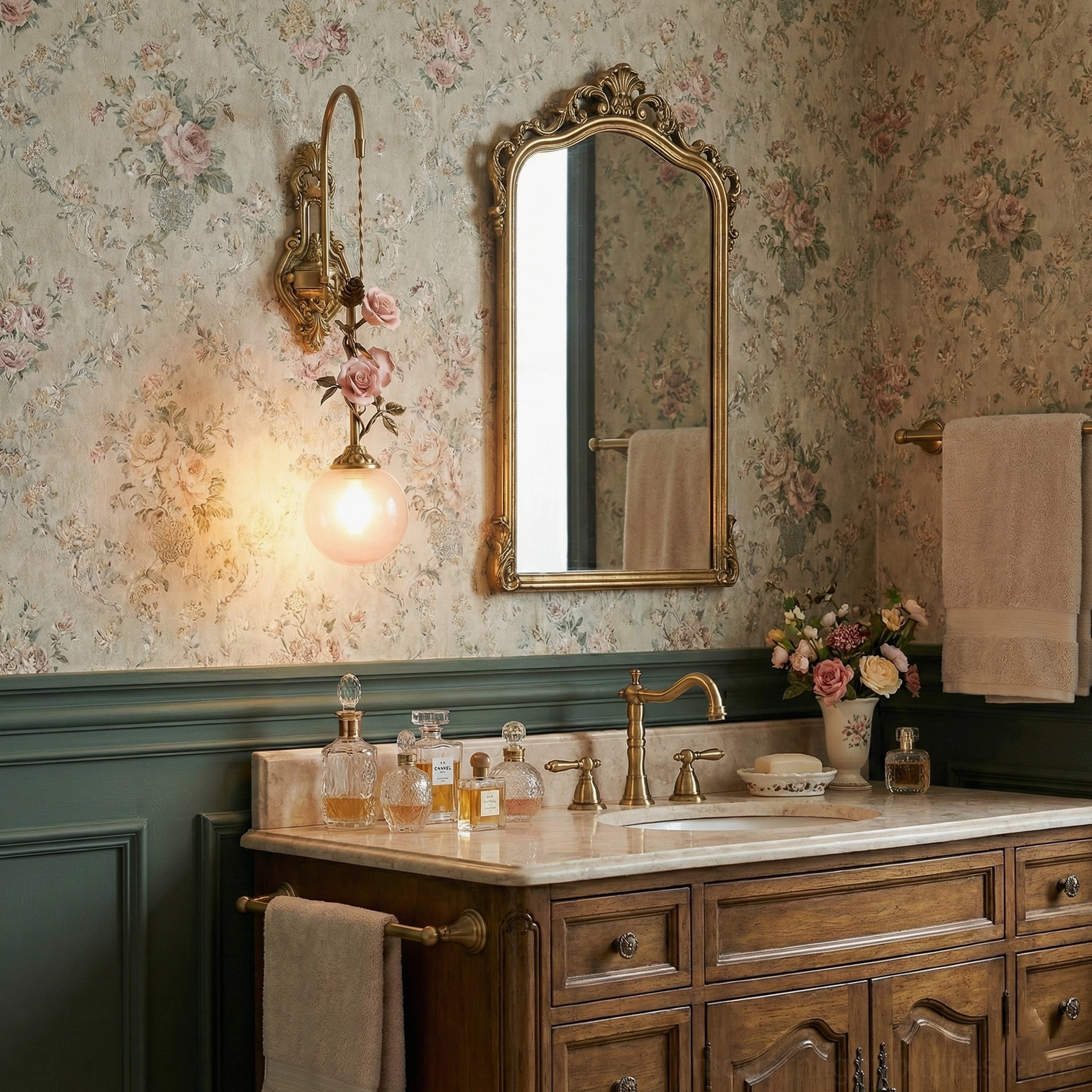 Lunafleur porcelain rose wall lamp illuminated in French vintage bathroom vanity with ornate mirror