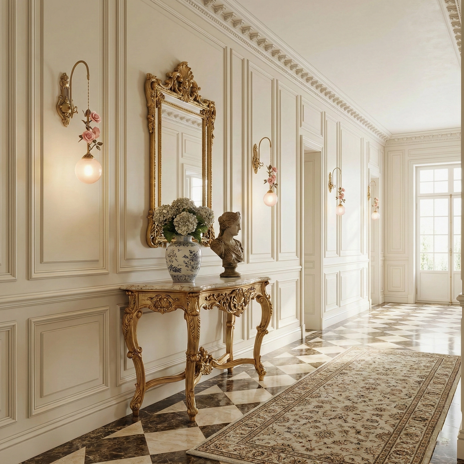 Matching pair of Lunafleur brass wall sconces in neoclassical hallway with marble floor and console table