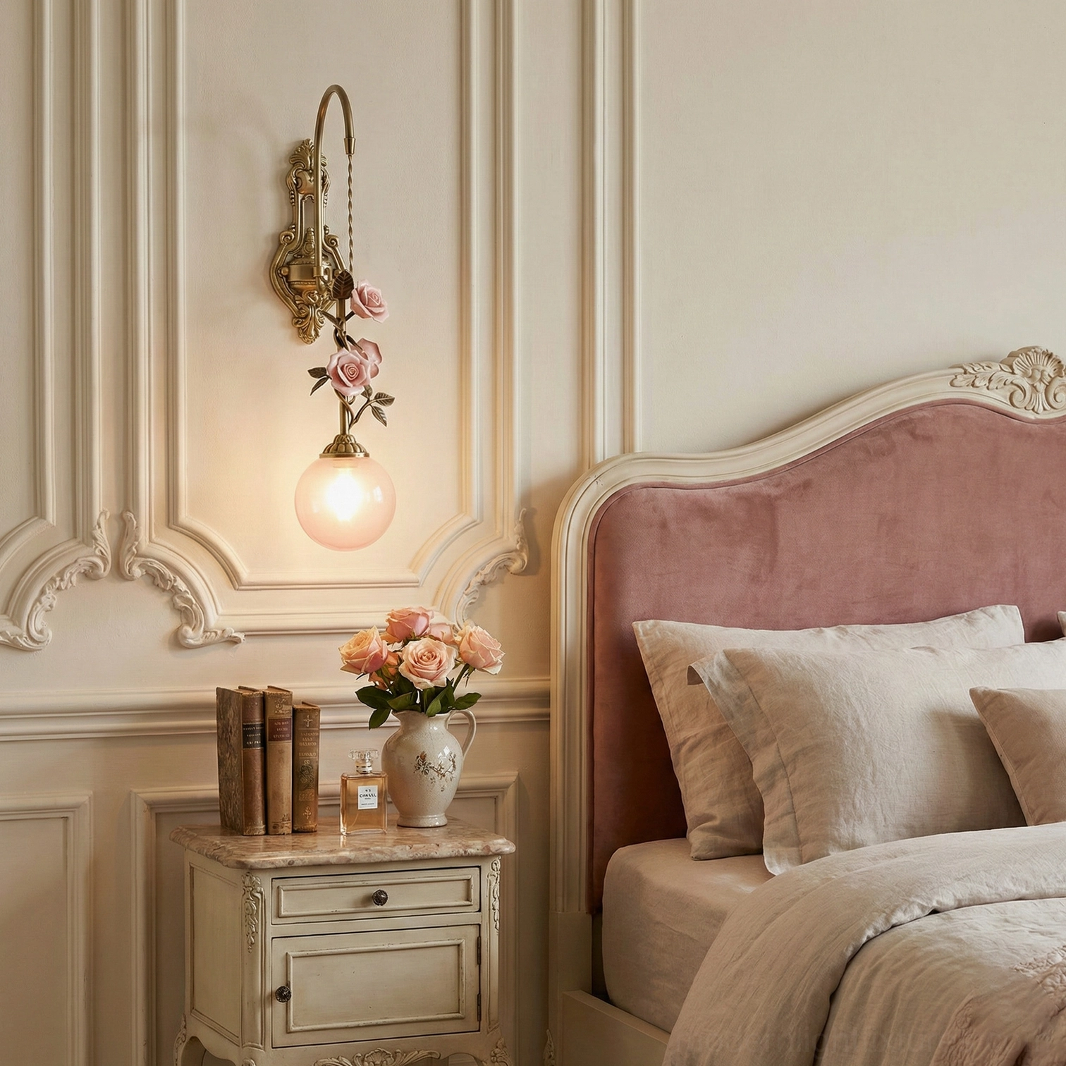 Lunafleur brass sconce with porcelain flowers illuminated beside French bedroom pink velvet headboard